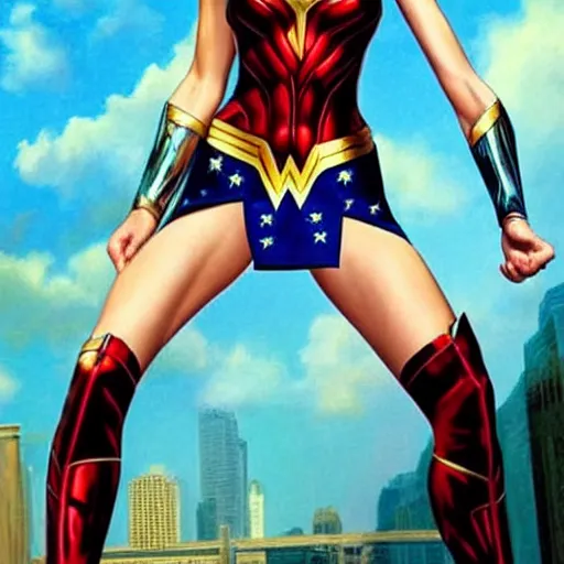 Prompt: A wide angle shot of Gal Gadot as Wonder Woman with athletic body, painting by Alex Ross