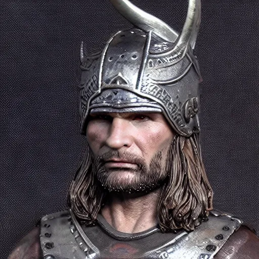 Image similar to of a viking from valhalla, wearing the horned helmet ultra fine detail, hair strands, ultra high resolution, fine texture detail, miniature painting techniques, perfect proportions, marvel cinematic universe, eric bana