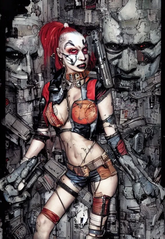 Image similar to a dream portrait of cyberpunk Harley Quinn in post apocalyptic Gotham art by Paul Dini, Travis Charest, Simon Bisley