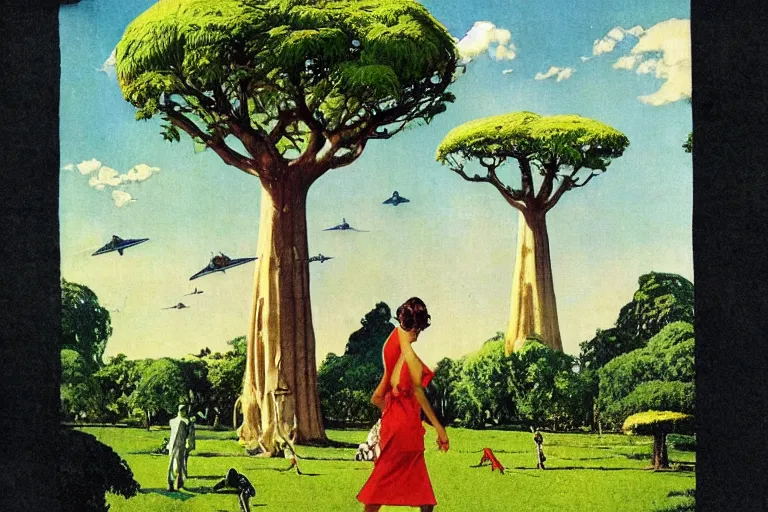 Prompt: 5 0 s pulp scifi illustration, elegant alien female strolls on lawn in beautiful extraterrestrial gardens, baobab tree, by norman rockwell, tom lowell, david curtis, frank schoonover