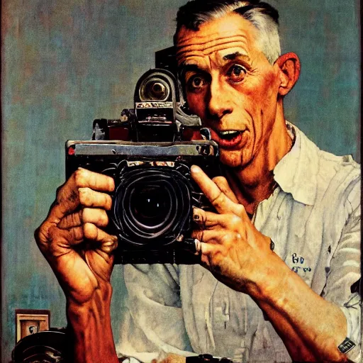 Image similar to norman rockwell painting of a man holding a large television - video - camera