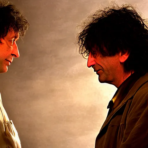 Prompt: a dramatic photograph of neil gaiman having a conversation with the sandman in a fantasy world, dramatic lighting, filmic, cinematographic, sci - fi