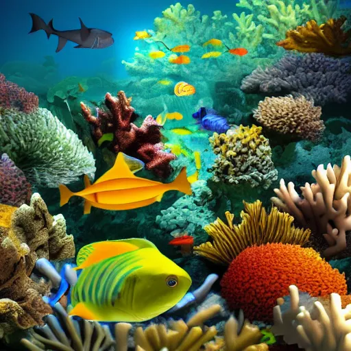 Image similar to coral reef with fish and sharks hyper realistic, volumetric lighting cinematic shadows