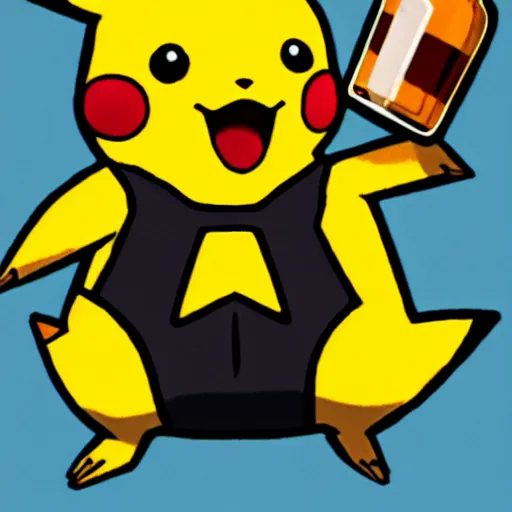 Image similar to pikachu holding a bottle of whiskey