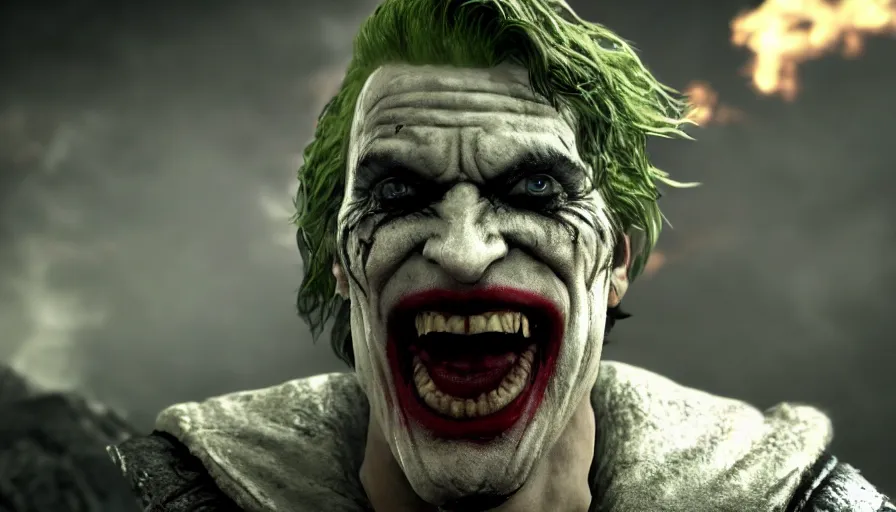 Image similar to close - up skyrim character screenshot of the joker screaming at you about society, solo portrait, enb, 4 k, bokeh, beautiful, detailed