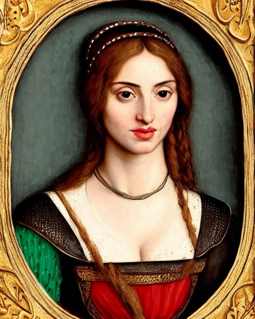 Image similar to medieval portrait of ana de armas dressed as a knight, in the style of eugene de blaas