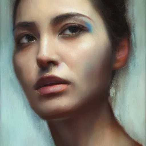 Image similar to perfect, realistic oil painting of close-up Spanish woman face, tears, sadness , by Sakimichan, by an American professional senior artist, Hollywood concept, dynamic composition and motion, postproduction.