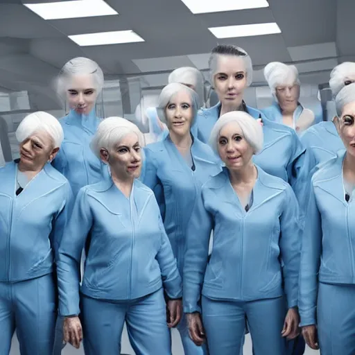 Image similar to troop of 9 0 year old women with white bob hairdos, tight light blue neopren pilot suits, futuristic cloning facility, sci - fi, highly detailed, cinematic