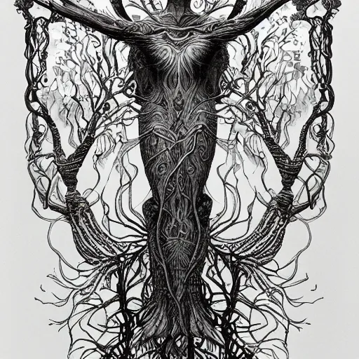 Prompt: a highly detailed tarot card tattoo outline of druid woman shaped like the tree of life with arms as branches and fingers for leaves, by roger dean and andrew ferez, art forms of nature by ernst haeckel, divine chaos engine, symbolist, visionary, art nouveau, organic fractal structures, surreality, detailed, realistic, ultrasharp