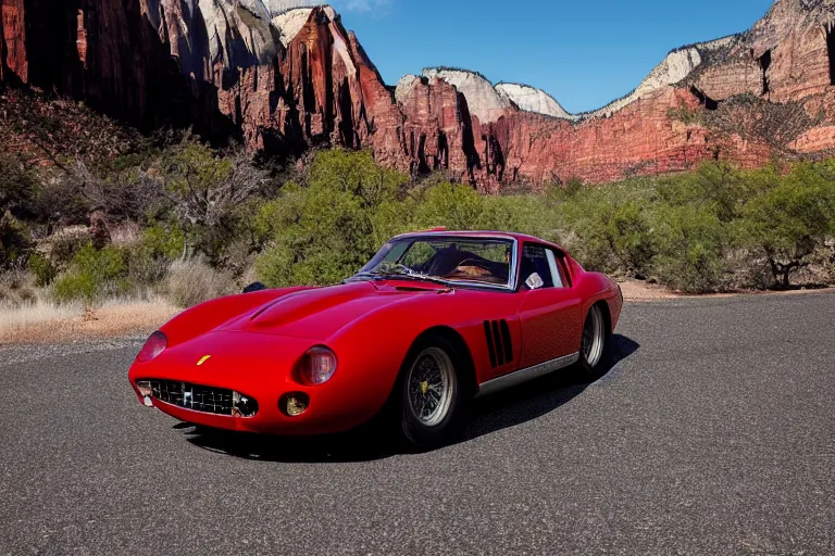 Prompt: cinematography Ferrari 250 GTO series 2 in Zion national park by Emmanuel Lubezki