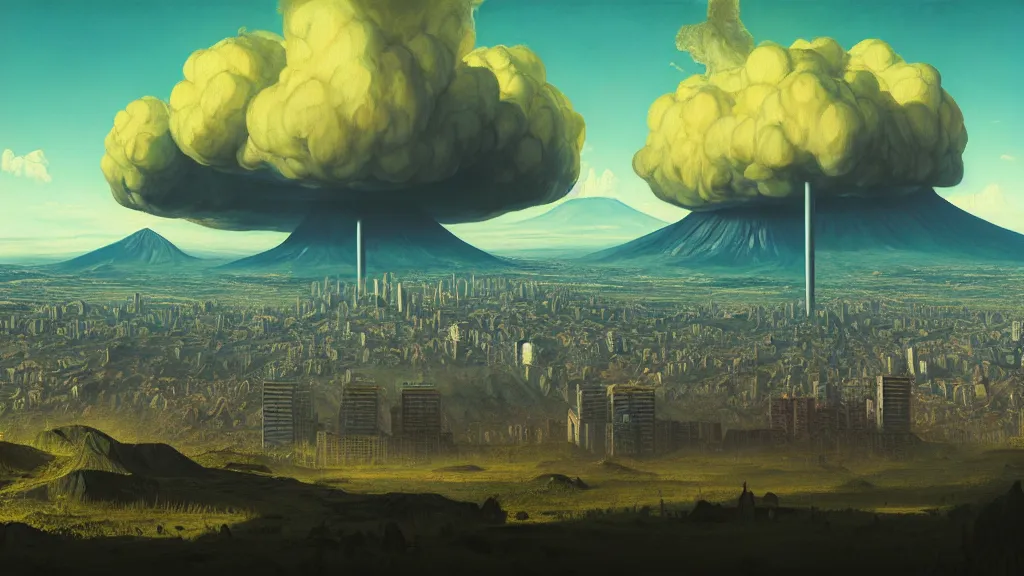 Image similar to Nuclear Fallout towering over the town of Quito by Simon Stålenhag and J.M.W. Turner, oil on canvas; Art Direction by Adam Adamowicz; 4K, 8K epic drone shots; Ultra-Realistic Depth Shading