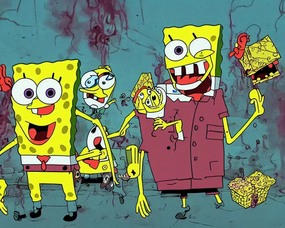 Prompt: a horror movie poster featuring spongebob