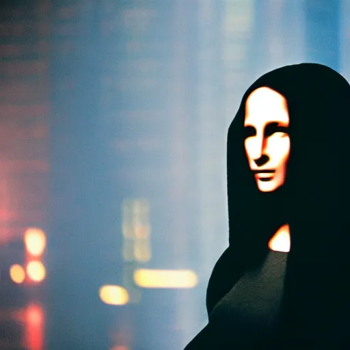 Image similar to cinematic movie still of cybernetic character named Mona Lisa in The Matrix, futuristic eye implant, cyberpunk, XF IQ4, 150MP, 50mm, F1.4, ISO 200, 1/160s, twilight in the city