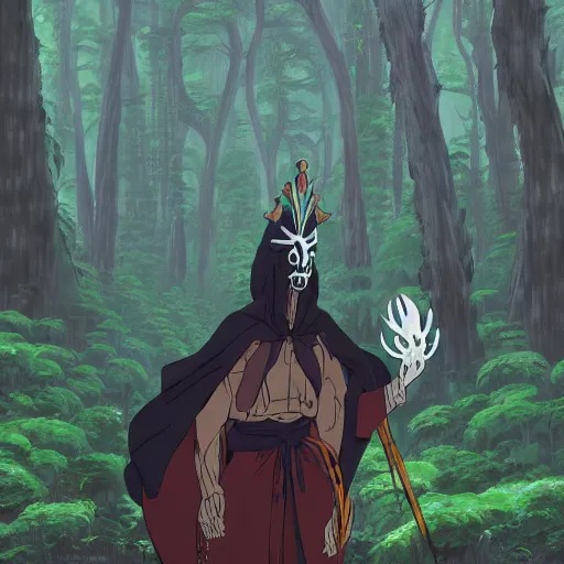 Image similar to concept art painting of an anthropomorphic dragon king with black robes, a long neck, and skull mask, in a deep forest, cel shaded, in the style of makoto shinkai and james gurney and studio ghibli and moebius