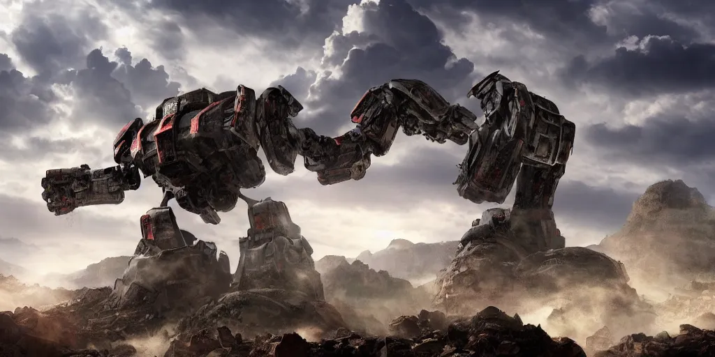 Image similar to amazing photo of a giant ancient robot of doom rising up out of a mountain sending rubble and rocks tumbling down it sides, clouds of dust and rock kick up into the air and spread across into the nearby city , epic scale , unimaginable power and wonder, awe, cinematic, high detail design robot ancient