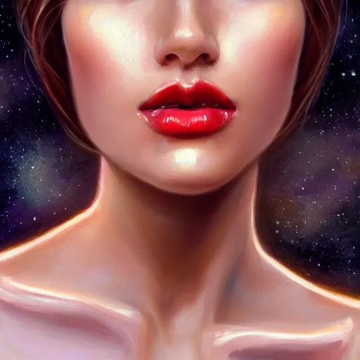 Image similar to a portrait of a very beautiful woman in a spacesuit with deep dueling scar across cheek, brown eyes, shoulder-length brown hair, red lips, bored, illustration, soft lighting, soft details, painting oil on canvas by mark arian by artgerm, trending on artstation, 4k, 8k, HD