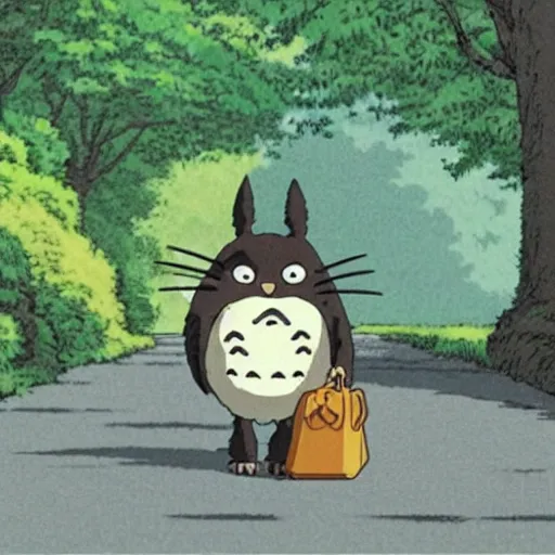 Image similar to still from studio ghibli movie My Neighbor Totoro, Hayao Miyazaki,barn owl in a black suit wearing an office bag going to the office, symetrical face