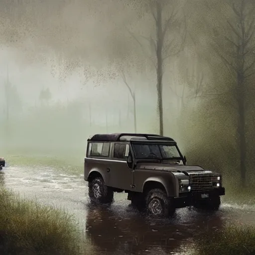 Image similar to a landrover crossing the a swamp while its raining, digital art, artstation, photgraphy, highly detailed, digital painting, artstation, concept art, sharp focus, illustration, art by greg rutkowski and artgerm