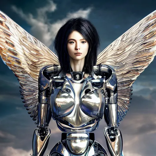 Image similar to UHD photorealistic studio portrait of a cyborg Angel with hyperrealistic Angel wings, futuristic robot angel, extremely detailed, 8k, cinematic lighting, in the style of Amano and Ayami Kojima and Karol Bak, art by Mark Brooks with vivid colors and crisp details