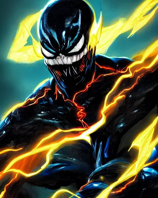 Image similar to venom as the flash, dynamic lighting, fantasy concept art, trending on art station, stunning visuals, creative, cinematic, ultra detailed, terrifying, black lightning, comic strip style