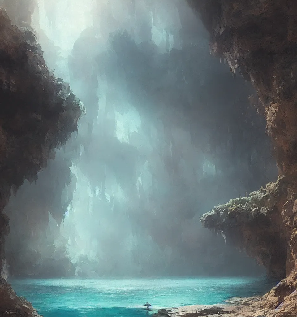 Image similar to “ a painting of a beautiful cave with a lake, a detailed matte painting by artem demura, artstation hq, matte painting, volumetric lighting, warm colors, aqua water ”