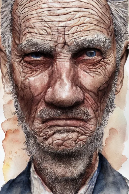 Image similar to portrait of a old man with aquarelle painted skin. trying to say something. close up. very dark brown hair, light eyes. intricate dark flowers pattern background, high detail, by Eddie Mendoza