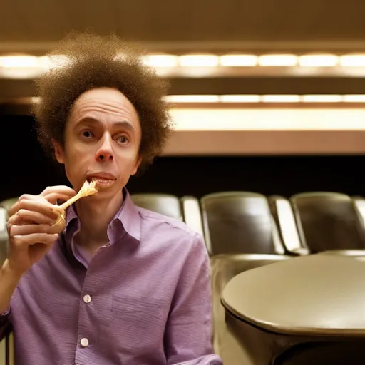 Image similar to malcolm gladwell eating beans from a bowl in an empty AMC movie theater, high res, 4k, realistic