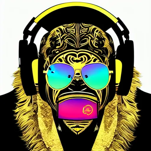 Prompt: barong family member with shiny gold gradient ray - ban sunglasses with huge headphones, speakers, lasers, wiwek, mara demon, one single tribe member, jungle, one single mask, dark, ancient warrior, gorilla, lizard, tribal, inner glow, art by dan mumford and justin gerard