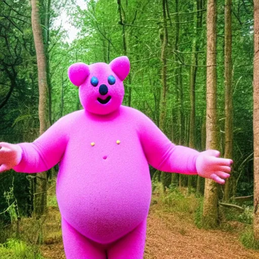 Prompt: photo of Mr Blobby chasing you through the woods