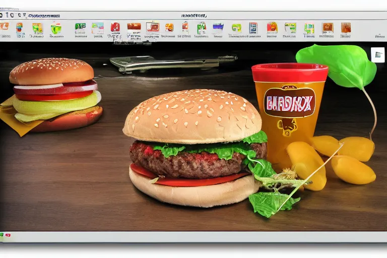 Image similar to hamburger themed gnu / linux desktop environment, linux mint, in 1 9 9 5, y 2 k cybercore, desktop screenshot