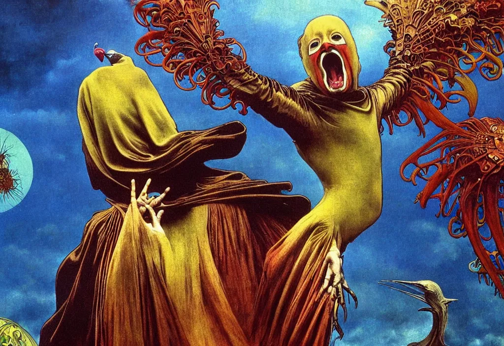 Image similar to realistic detailed portrait movie shot of a screaming birdman wearing black robes, sci fi city landscape background by denis villeneuve, amano, yves tanguy, alphonse mucha, ernst haeckel, max ernst, roger dean, masterpiece, rich moody colours, blue eyes