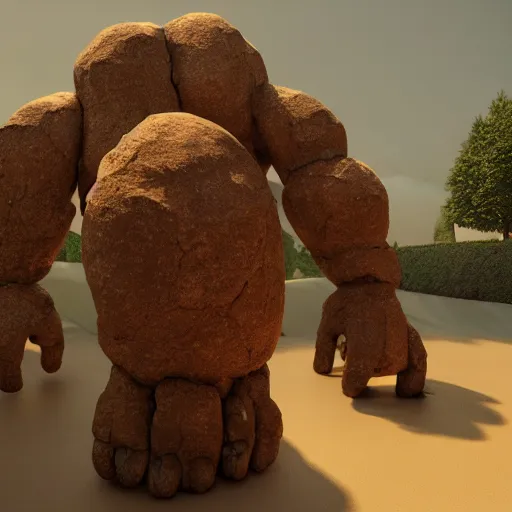 Image similar to a brown rock golem, unreal engine, path tracing