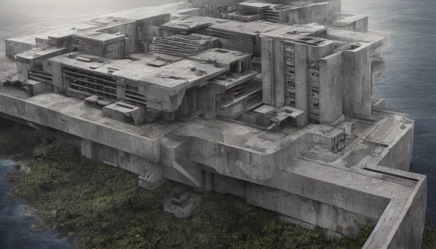 Image similar to big brutalist imperial military base on cliffs, drawing architecture, very long shot, top angle, imperial architecture in rogue one, pritzker architecture prize, brutalism architecture, jan urschel