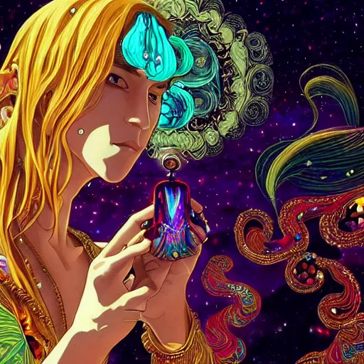 Prompt: psychedelic, intricate, highly detailed, anime, 4k, beautiful Frank Dillane as a seductive man holding a crystal containing the universe, with professional makeup, long trippy hair, surrounded by gems, underneath the stars, trending on patreon, deviantart, twitter, artstation, volumetric lighting, heavy contrast, by artgerm and Ilya Kuvshinov and alphonse mucha