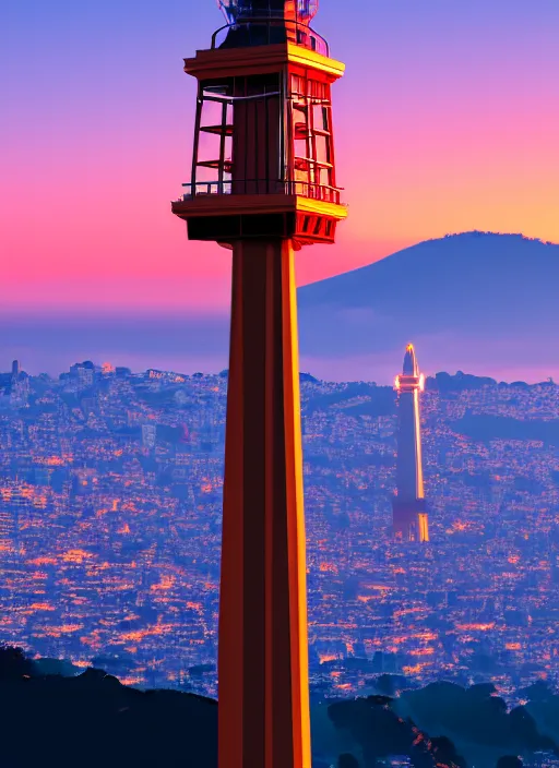 Image similar to sutro tower in san francisco, sunset, radio antenna, twin peaks, photorealistic, 8 k