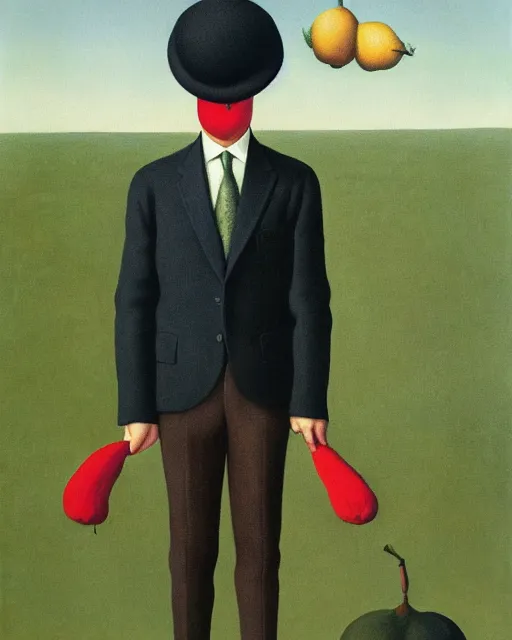 Image similar to painting of a man with a kiwifruit covering his face, wearing a bowler hat and overcoat with a red necktie, standing in front of a barren wasteland of smoke and fire, oil on canvas, style of Rene Magritte, by René Magritte