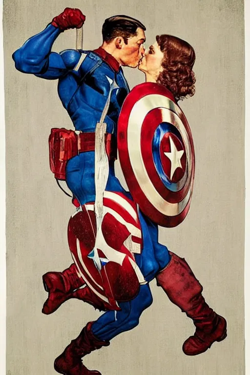 Image similar to norman rockwell painting of captain america romantically kissing captain america