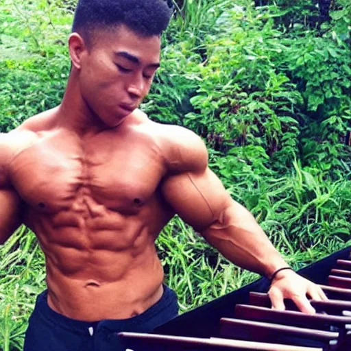 Prompt: A bodybuilder with a marimba for abs