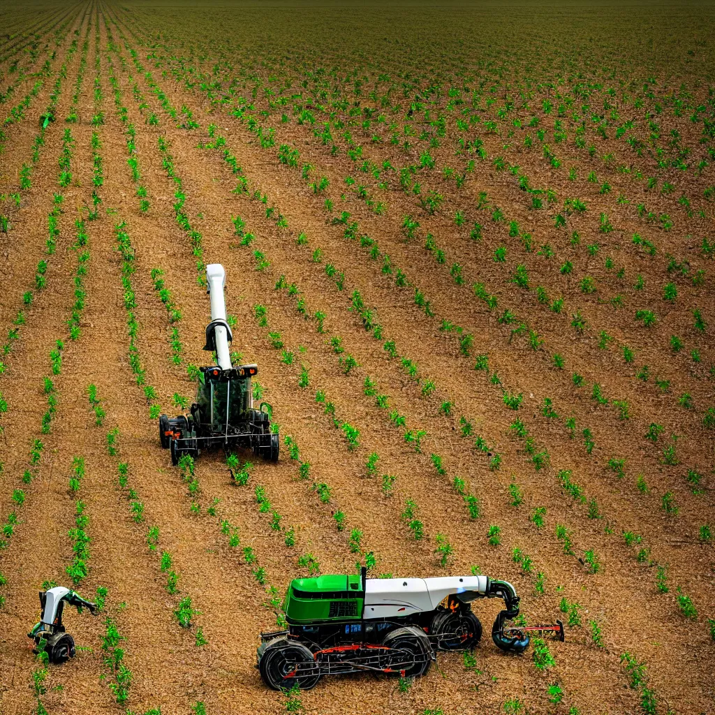 Prompt: robotic farming machinery maintaining a permaculture jungle in the desert, XF IQ4, 150MP, 50mm, F1.4, ISO 200, 1/160s, natural light