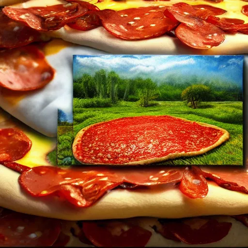 Image similar to highly detailed, high resolution, hyper realistic, 8 k, trending on artstation, landscape nature painting, trees made out of pizza, ground is made of cheese and pepperoni, waterfall made of marinara sauce, clouds are bell peppers, mushrooms