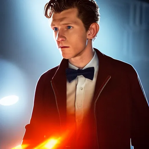 Image similar to tom holland with a beard in a dark blue trenchcoat with an orange bowtie as the new doctor who, cinematic, volumetric lighting, f 8 aperture, cinematic eastman 5 3 8 4 film, photorealistic