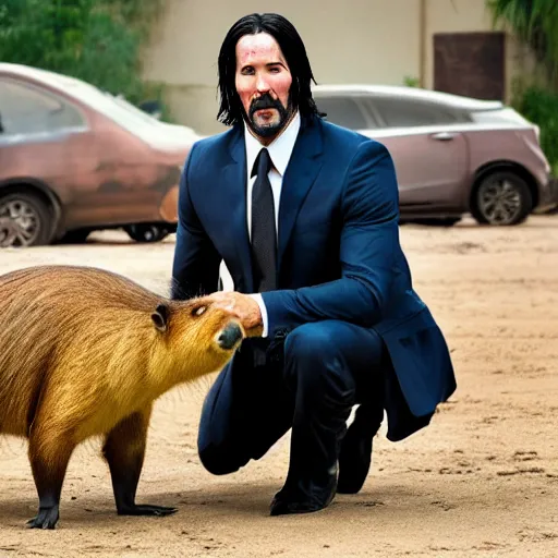 Image similar to john wick hugging a capybara