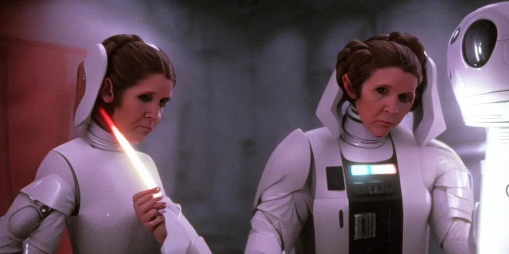 Image similar to a full color still of Carrie Fisher as Leia Organa talking to a humanoid sci-fi extraterrestrial alien, cinematic lighting, 1999, directed by Steven Spielberg, 35mm