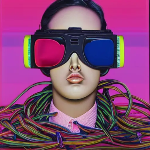 Prompt: alex gross, award winning masterpiece with incredible details, a surreal vaporwave vaporwave vaporwave vaporwave vaporwave painting of an old pink mannequin head wearing vr goggles with cables and wires coming out of it's neck, highly detailed