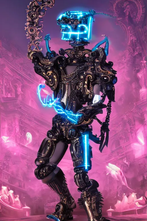 Image similar to full-body rococo and cyberpunk style sculpture of a young handsome Spanish prince half android with a chest exposing circuitry, glowing pink laser eyes, crown of blue gears and diamonds, swirling salmon-colored silk fabric, robotic raptors dinosaurs. baroque elements. full-length view. intricate artwork by caravaggio. Trending on artstation, octane render, cinematic lighting from the right, hyper realism, octane render, 8k, depth of field, 3D