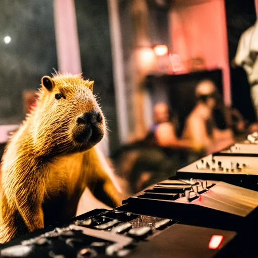 Image similar to Capybara DJing at a club, HD photograph, award-winning