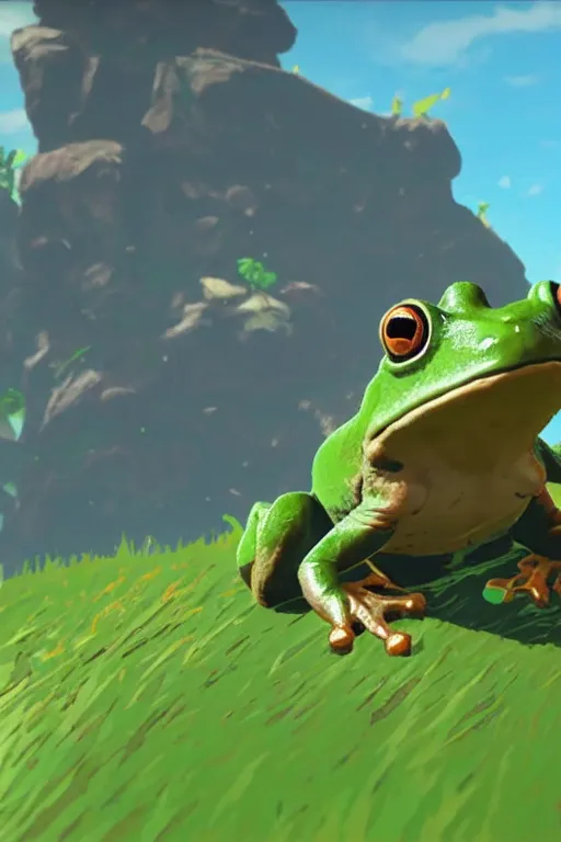 Image similar to in game footage of a frog from the legend of zelda breath of the wild, breath of the wild art style.