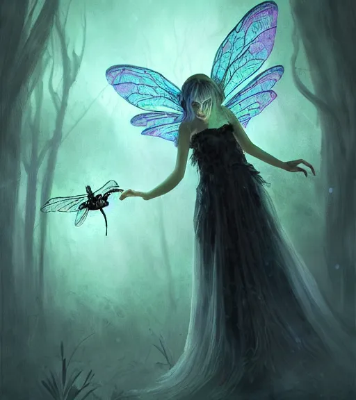 Image similar to gothic fairy with dragonfly wings, digital painting, liminal eerie midnight backlit, a picture taken by Michael Komarck and Daniel Ljunggren