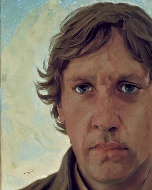 Prompt: painterly portrait, luke skywalker, impasto, fantasy, chuck close:7, carl spitzweg:7, cinematic light, full face, symmetrical face