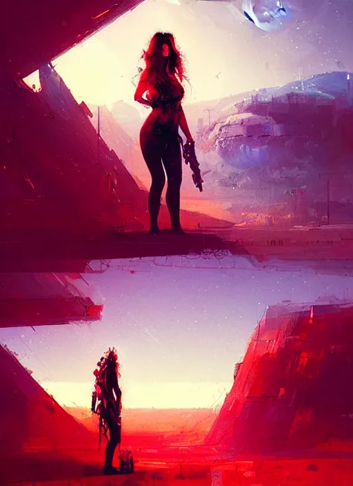 Prompt: sci - fi art, salma hayek as mars queen, red peaks in the background, art by ismail inceoglu